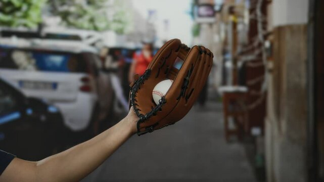 Man with baseball glove catching ball on city street, showcasing sports activity in an urban outdoor environment, with focus on hand and glove.