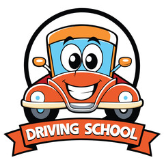 Cartoon Car Driving School Logo With Smiling Character And Banner