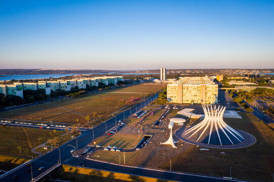 BRASILIA / BRASIL - JULY 6 2019: The Ministries Esplanade (Esplanada dos Minist&eacute;rios) and its surroundings right before sunset.
