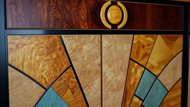 Geometric inlaid wood cabinet with dark trim and circular wooden knob