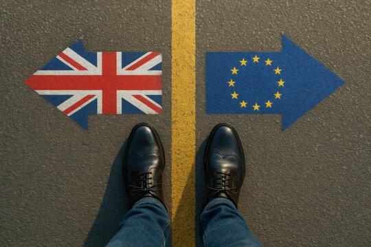 Man standing at a crossroads between the UK and EU flags painted as arrows on asphalt