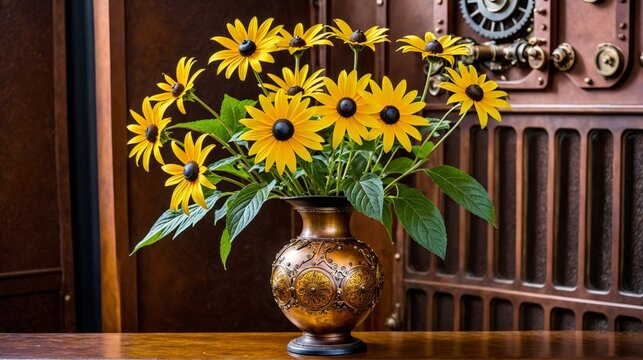 A vase of yellow flowers sits on a wooden table
