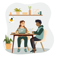 Deux adolescents, étudiants ou lycéens qui travaillent ensemble, assis sur une table dans un salon décoré - Ils sont souriants et révisent - Éducation, enseignement, scolarité, examens