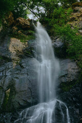 Fototapeta premium majestic waterfall cascading down rocky cliffs surrounded by lush green trees under natural daylight in a serene forest setting