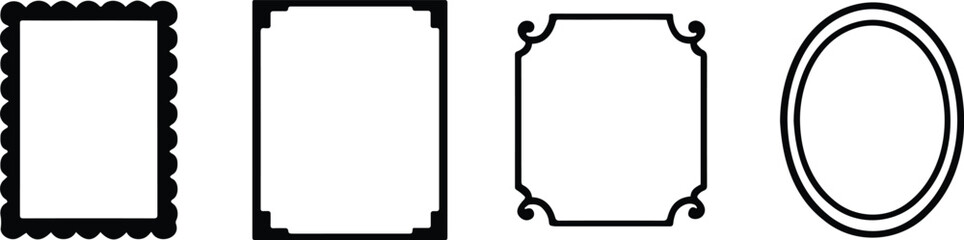 Classic vintage photo frame silhouettes in black icon style representing antique borders, retro decoration, and ornate gallery designs