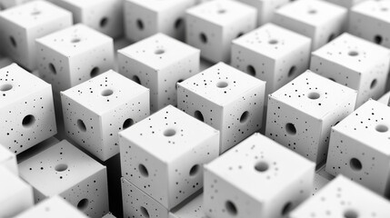 Abstract geometric pattern of interconnected cubes with dots at vertices. Black lines and dots on a white background create a network or grid-like structure.