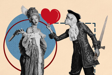 Creative sketch artwork collage of two happy girl guy prince princess hold sword pistol heart icon...