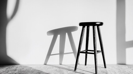 Minimal scene with a single stool, emphasizing structure, function, and visual silence for contemporary creative use.