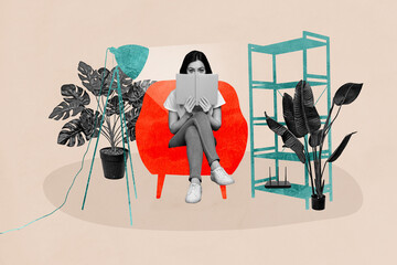 Poster trend sketch 3D collage of remote work career manager indoors freelancer young lady student...