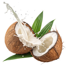 fresh coconut splashing milk and leaves png tropical coconut drink png milk splash effect png coconut water pour png transparent background image