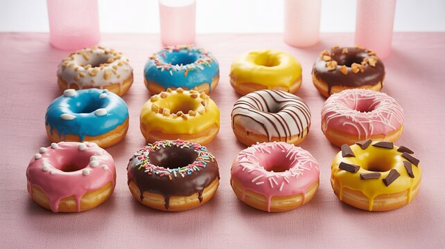 National Donut Day, Bright frosted donuts arranged neatly on pink background cloth.