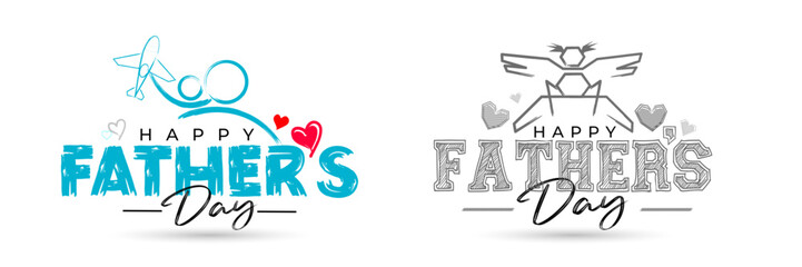 Obraz premium Happy Father's day holiday greeting card drawing painting and design. Set of logotype with father lifting kids.