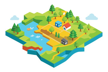 Isometric Landscape With Lake Forest And Houses Vector Illustration Creative Design