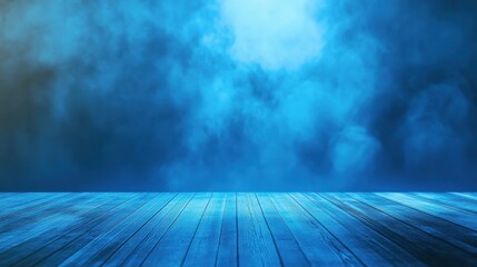 Abstract blurry blue stage interior with wooden floor illustration , no logos, no brands