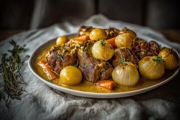 Plate of Lapin a la Moutarde (rabbit mustard stew) garnished with fresh herbs, accompanied by vegetables. Concept of Lapin a la Moutarde emphasizes warmth and elegance.