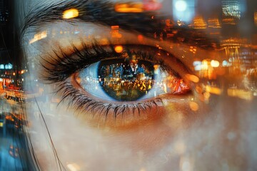 Detailed shot of eyes, capturing the reflection of a bustling city square, revealing vibrancy, with blurred movement of people