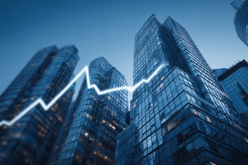 Fototapeta premium Skyscraper merging with growing stock graph, urban property investment visual, solid dark blue background