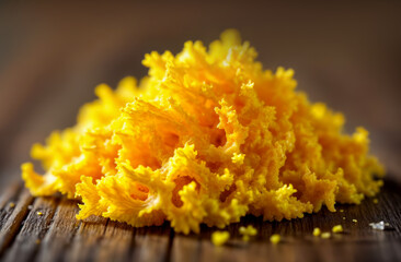 Unique bright yellow coral mushroom on wooden surface in natural lighting