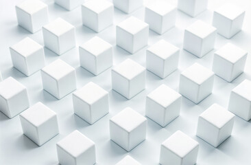 Minimalist arrangement of white cubes on a light background creating a uniform texture and pattern