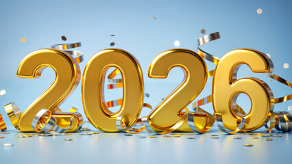 Celebrating the arrival of the year 2026 with golden decorations and festive confetti