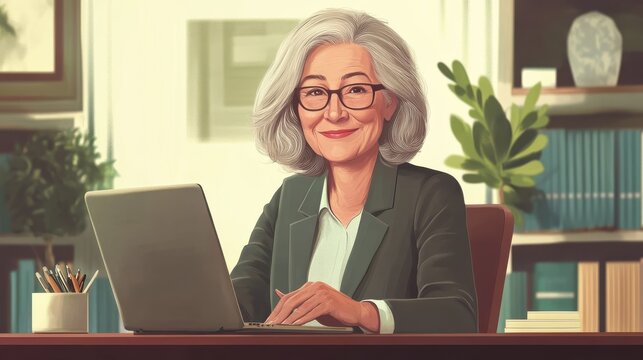 Smiling mature middle aged business woman using laptop working on computer sitting at desk. Happy old businesswoman hr holding cv interviewing distance applicant, senior seeker searching job online. 