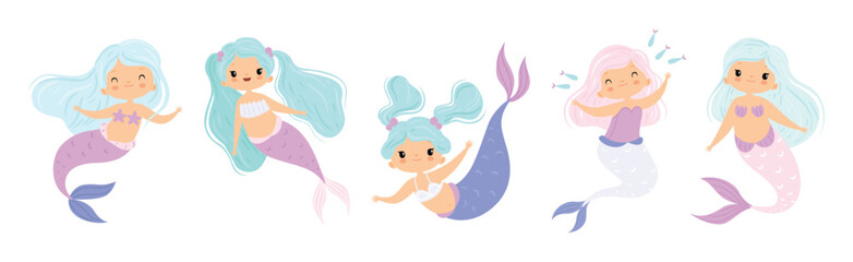 Cute Mermaid Girl with Wavy Hair and Fish Tail Vector Set