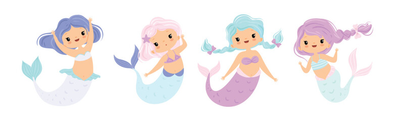 Cute Mermaid Girl with Wavy Hair and Fish Tail Vector Set