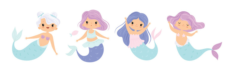 Cute Mermaid Girl with Wavy Hair and Fish Tail Vector Set