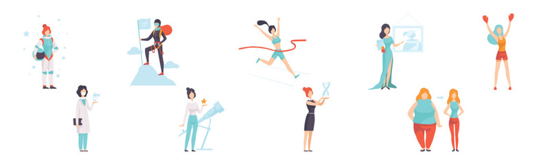 Strong Woman Character Achieve Goal Having Freedom Vector Set