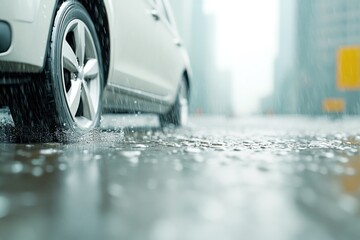 Car Driving on Wet Road in Rain