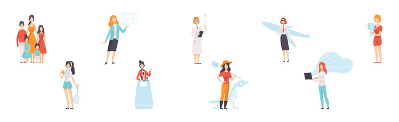 Strong Woman Character Achieve Goal Having Freedom Vector Set