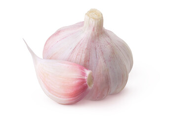 Garlic on isolated white background. Whole garlic and clove. 2 objects.