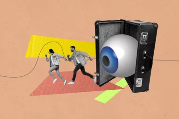 Gordijnen Full 3d magazine picture sketch collage image of happy girl guy stand eyeball stare valise travel esoteric freemason eyesight © deagreez