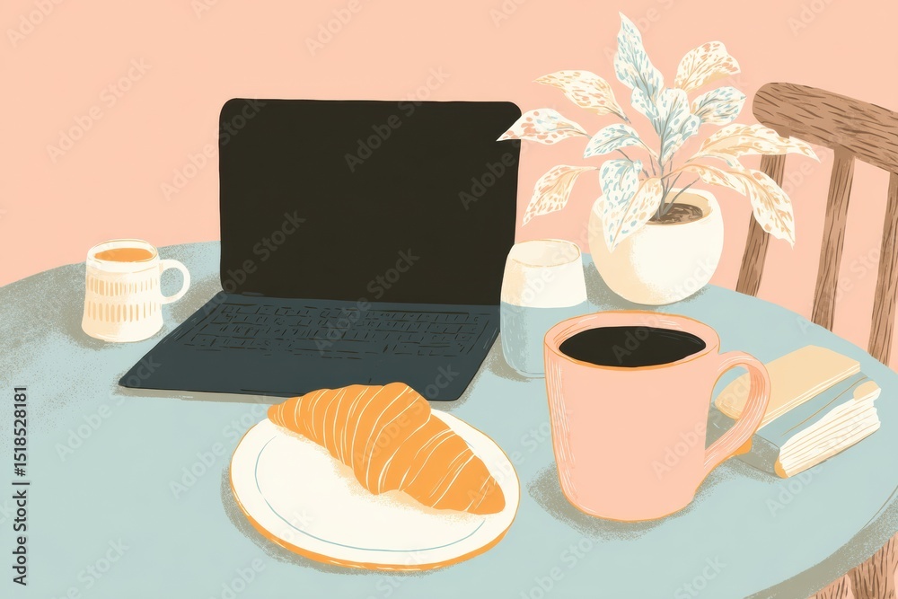 Poster Laptop on a Cafe Table With Croissant and Plant Creating a Cozy Workspace Atmosphere