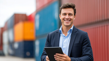Businessman with tablet at shipping container yard. Professional Logistics Manager Using Technology at Port