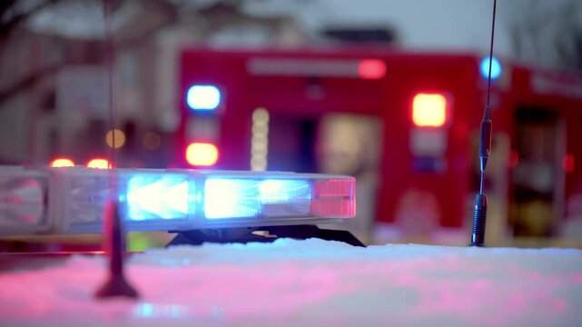 Stabile shot of police car and fire emergency vehicle lights on city street. 