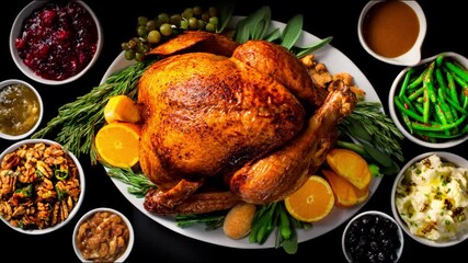 Delicious roasted turkey surrounded by a variety of side dishes, perfect for a festive meal.