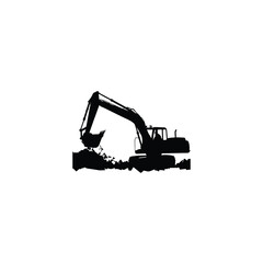 Silhouette of an excavator removing rubble on white background