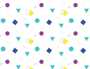 Colorful Geometric Shape Patterns,Seamless memphis geometric pattern with white background with different shapes. Vector repeating texture.