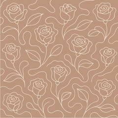 Warm taupe background with single line rose drawings in soft white, repeated for minimalist composition,Hand-drawn abstract flowers. Seamless pattern with flowers Repetition of a floral vector pattern