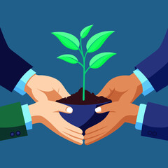 Four Hands Carefully Holding a Young Plant in a Pot