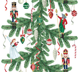 Nutcracker,  ballerina, mouse king, Christmas tree, serpentine, candy cane and ball seamless pattern. Merry Christmas, New Year wallpaper.