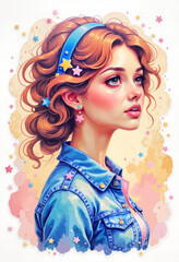 Young woman with curly hair wearing a denim jacket against colorful background  