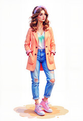 Young woman with curly hair wearing pink sneakers and casual outfit  