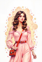 Stylish young woman in pink dress walking with handbag against stars  