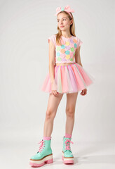 Young girl in colorful outfit posing with skirt and boots indoors  