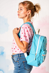 Young woman wearing blue backpack with pink heart shirt profile  