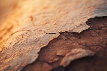 Obraz premium Close-up of a layered, earthy-toned rock formation, showcasing textures, cracks, and patterns under warm, soft lighting.