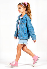 Young girl walking in stylish outfit with denim jacket and sneakers  