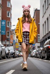 Young woman walking in fashionable outfit on urban street  